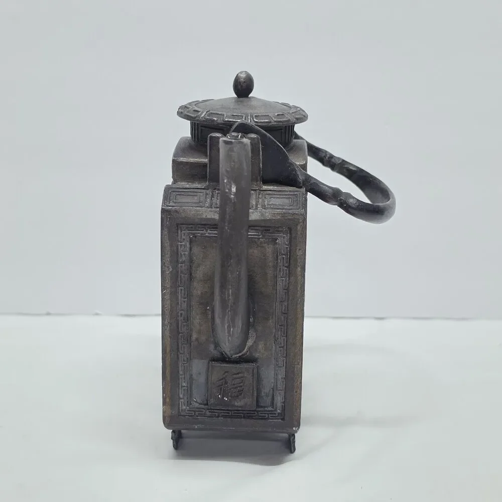 Antique Chinese Metal Decorative Teapot With Six Reverse Painted Glass Panels